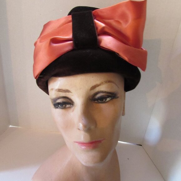SALE Vintage Bucket Hat Brown Velvet Copper Satin Bow main image 4